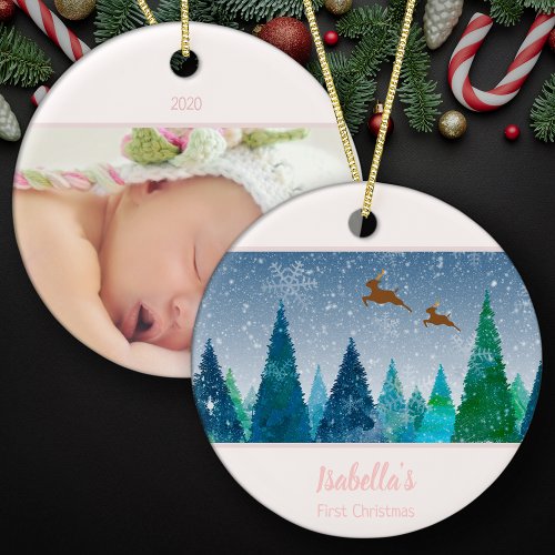 Baby Girl First Christmas Snowflake Photo Ceramic Ornament