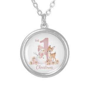 Baby Girl First Christmas Snowman Deer Silver Plated Necklace