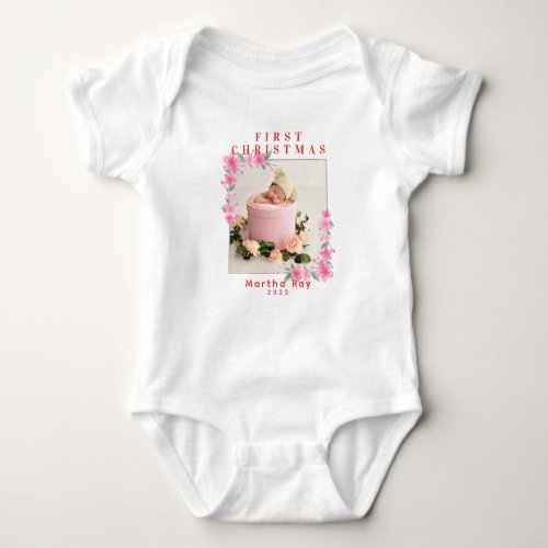 Baby Girl First Christmas Soft Pink floral frame Baby Bodysuit