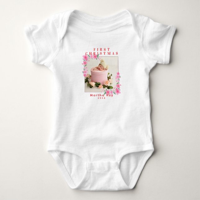 Baby Girl First Christmas Soft Pink floral frame Bodysuit (Front)