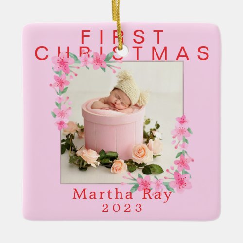 Baby Girl First Christmas Soft Pink floral frame Ceramic Ornament