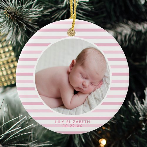 Baby Girl First Christmas Soft Pink Striped Ceramic Ornament