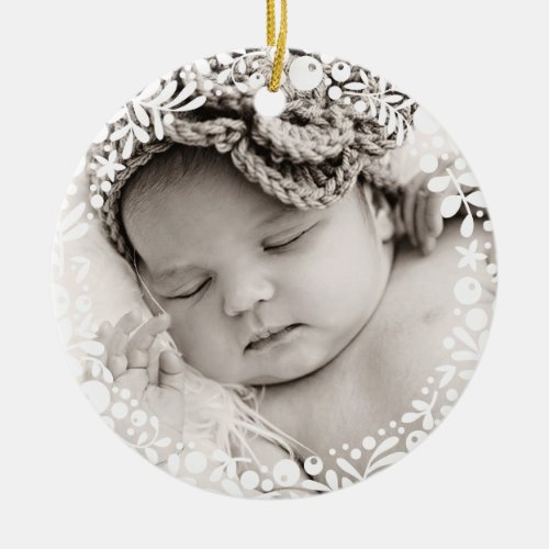 Baby Girl First Christmas White Berry Wreath Pink Ceramic Ornament