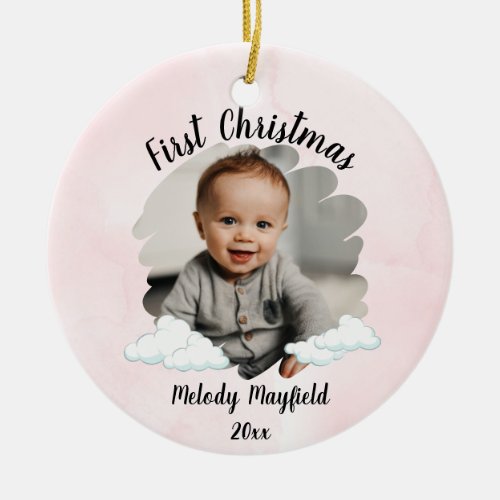 Baby Girl First Christmas With Personalized Photo Ceramic Ornament