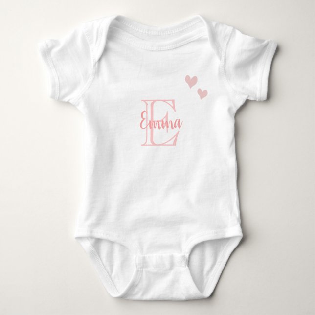 Baby Girl First Name Pink Monogram Heart Baby Bodysuit (Front)