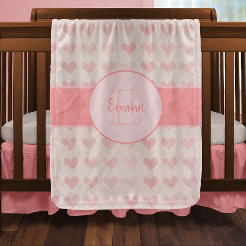 Baby Girl First Name Pink Monogram Heart Pattern Baby Blanket