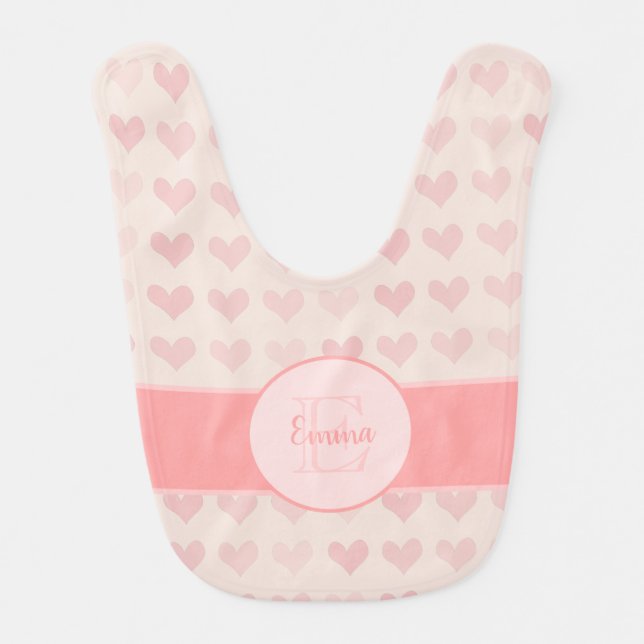 Baby Girl First Name Pink Monogram Heart Pattern Bib (Front)