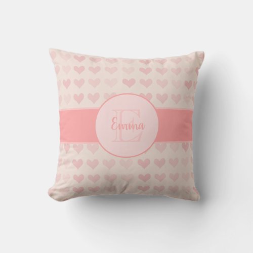 Baby Girl First Name Pink Monogram Heart Pattern Throw Pillow
