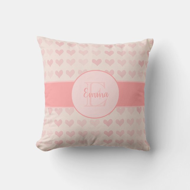 Baby Girl First Name Pink Monogram Heart Pattern Throw Pillow (Front)