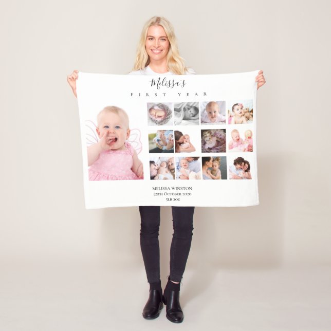 Baby girl First Year Photo Collage 12 months gift Fleece Blanket (In Situ)