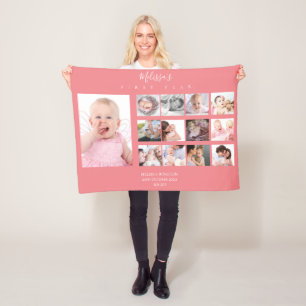 Baby girl First Year Photo Collage 12 months Pink Fleece Blanket