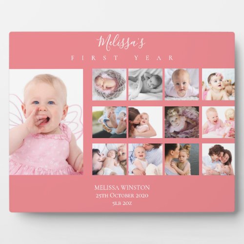 Baby Girl First Year Photo Collage 12 Months Pink Plaque