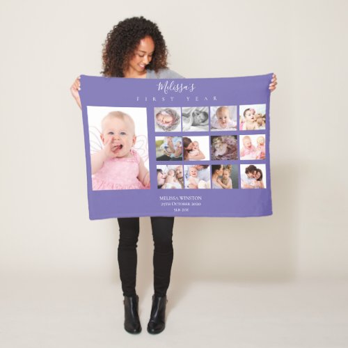 Baby girl First Year Photo Collage Purple Cute Fleece Blanket