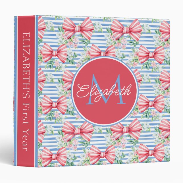 Baby Girl First Year Pink Stripes Bows Flowers 3 Ring Binder (Front/Spine)