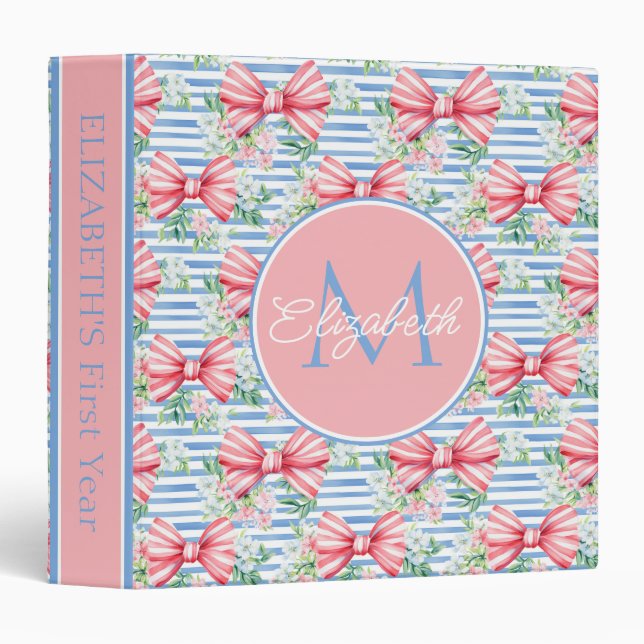 Baby Girl First Year Pink Stripes Bows Flowers 3 Ring Binder (Front/Spine)
