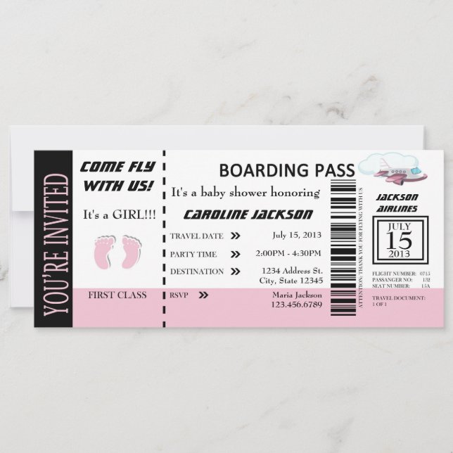 Baby Girl Flight Ticket Invitation Customizable (Front)