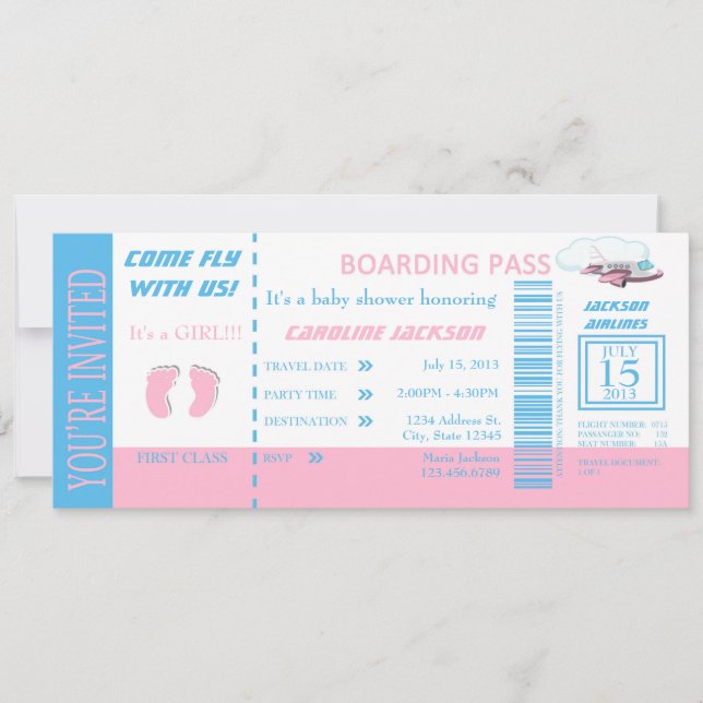 Baby Girl Flight Ticket Invitation Customizable (Front)