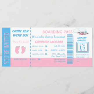 Baby Girl Flight Ticket Invitation Customizable