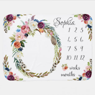 Baby Girl Floral Milestone Name Growth Monthly Blanket