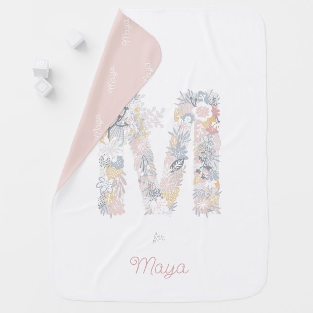 Baby Girl Floral Monogram Letter M Name Initials Baby Blanket (In Situ)