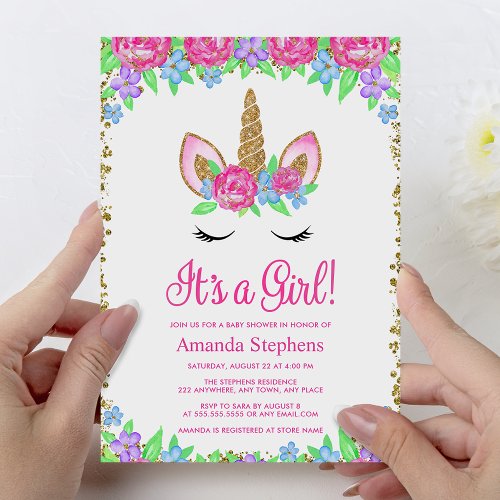 Baby Girl Floral Unicorn Gold Glitter Baby Shower Invitation