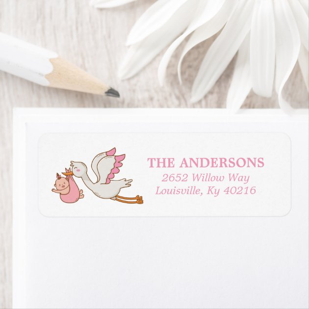 30 Girl Baby Shower Return Address Labels Pink Stork Feet
