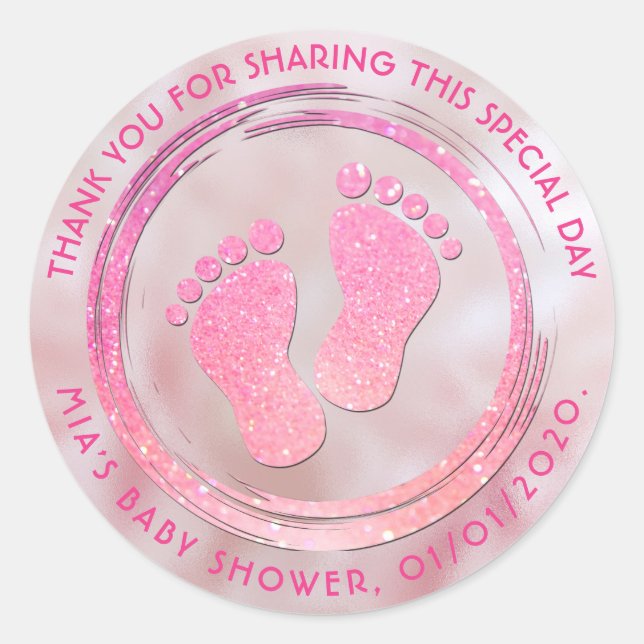 Baby Girl Footprint Glittering  Baby Shower Favor Classic Round Sticker (Front)