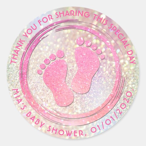 Baby Girl Footprint Glittering  Baby Shower Favor Classic Round Sticker