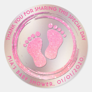 Baby Girl Footprint Glittering Baby Shower Favor Classic Round Sticker