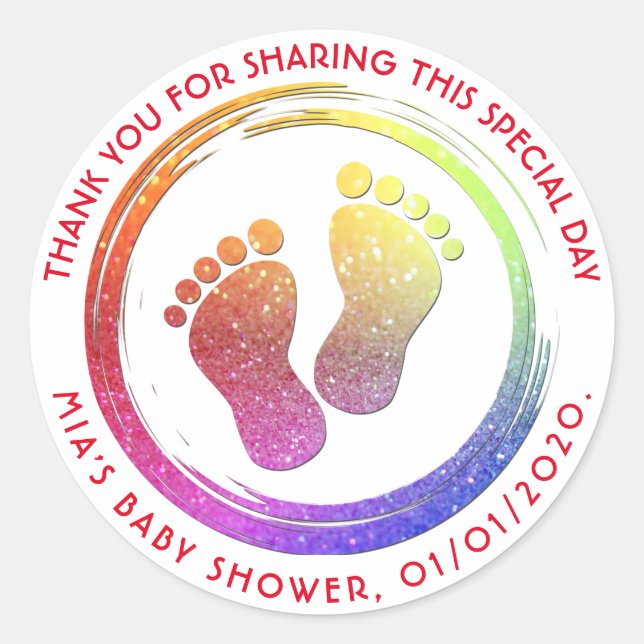 Baby Girl Footprint Glittering  Baby Shower Favor Classic Round Sticker (Front)