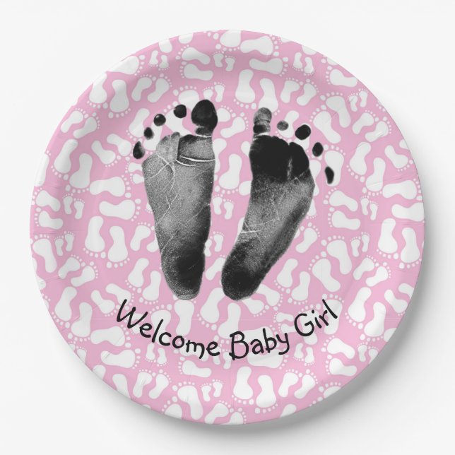 Baby Girl Footprint on Pink and White Paper Plates (Front)
