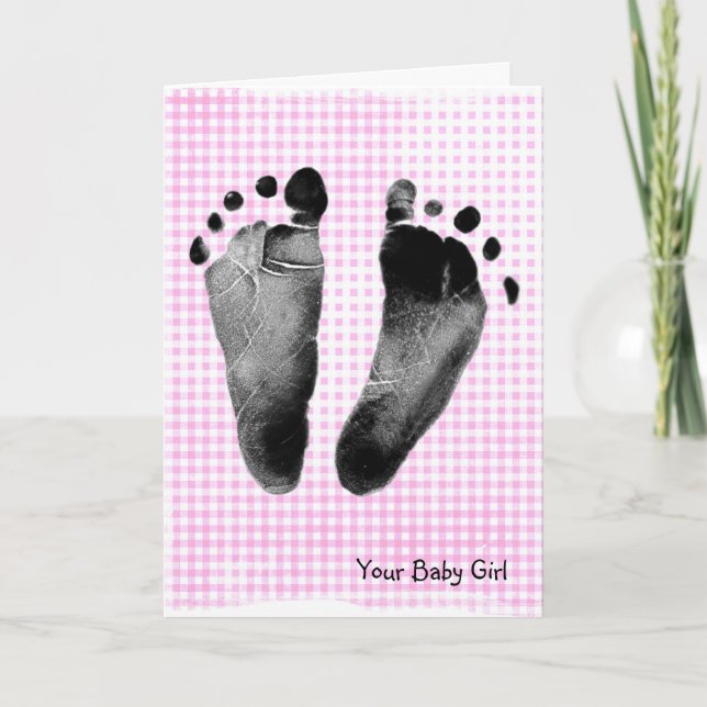 Baby Girl Footprints on Gingham Card (Front)