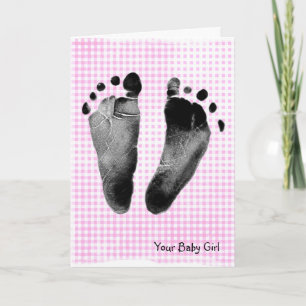 Baby Girl Footprints on Gingham Card
