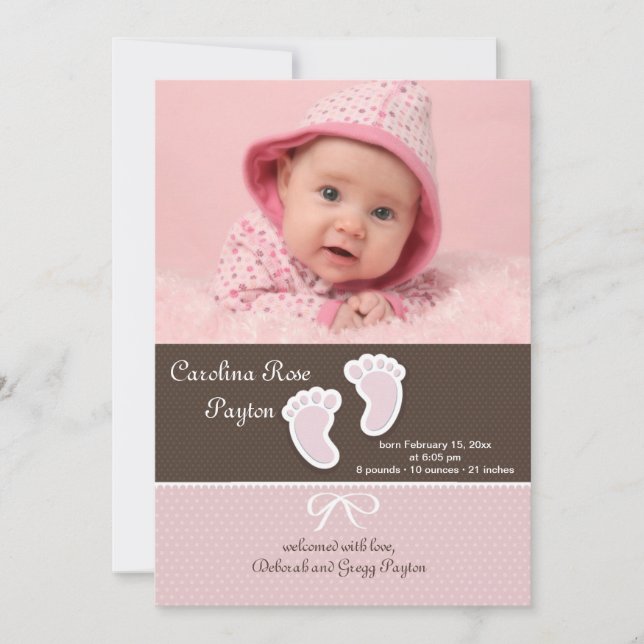 Baby Girl Footprints Photo Birth Announcement (Front)