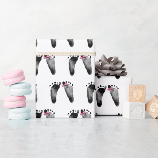 Baby Girl Footprints With Pink Bow  Wrapping Paper (Baby Shower)