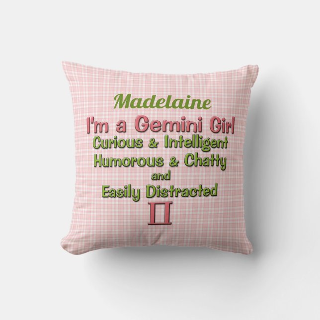 Baby Girl Gemini Zodiac Pink and Green with Name Throw Pillow (Front)