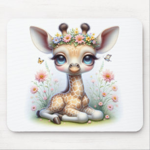 Baby Girl Giraffe With Pink Flowers Mouse Pad