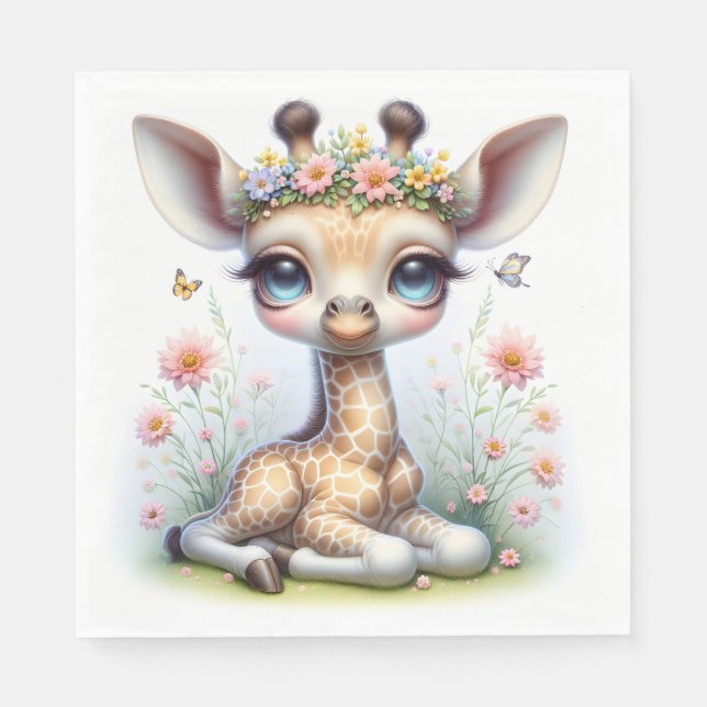 Baby Girl Giraffe With Pink Flowers Napkins (Front)