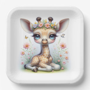 Baby Girl Giraffe With Pink Flowers Paper Plates