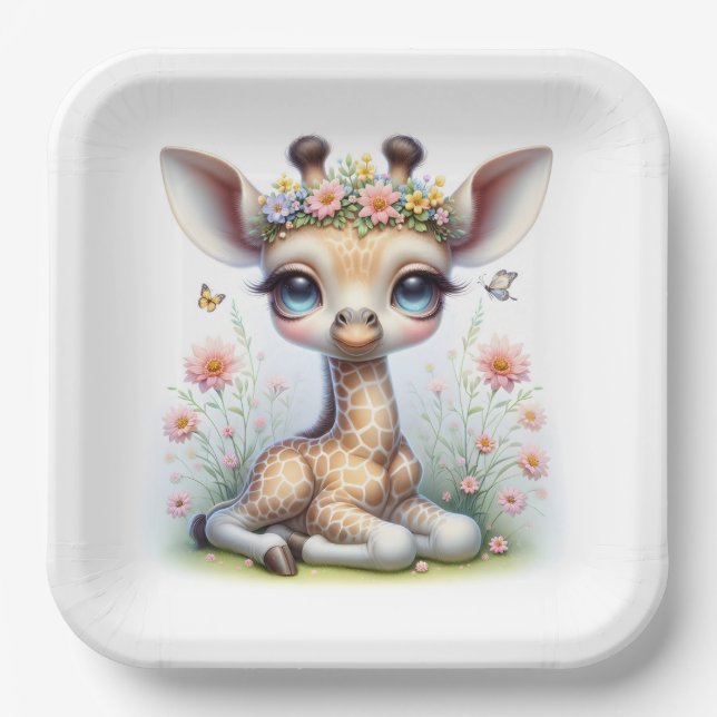Baby Girl Giraffe With Pink Flowers Paper Plates (Front)