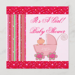 Baby Girl & Glittery Strawberry Pink Baby Shower Invitation