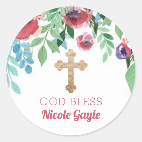 Baby Girl Gold Cross Baptism Favor Flowers Classic Round Sticker