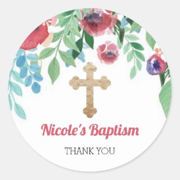 Baby Girl Gold Cross Baptism Favor Flowers Classic Round Sticker by angela65 at Zazzle