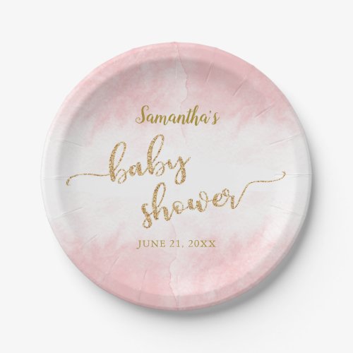 Baby Girl Gold Glitter Watercolor Pink Baby Shower Paper Plates