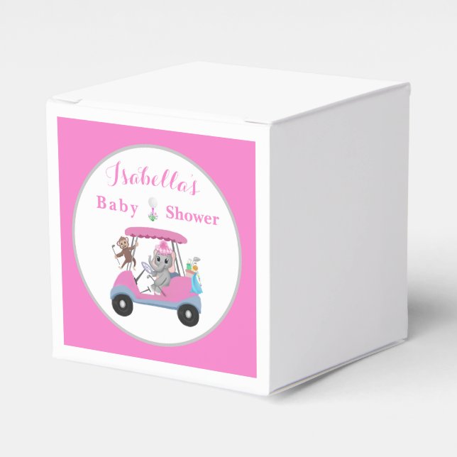 Baby Girl Golfing Elephant & Monkey Shower  Favor Boxes (Front Side)