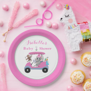 Baby Girl Golfing Elephant & Monkey Shower  Paper Plates