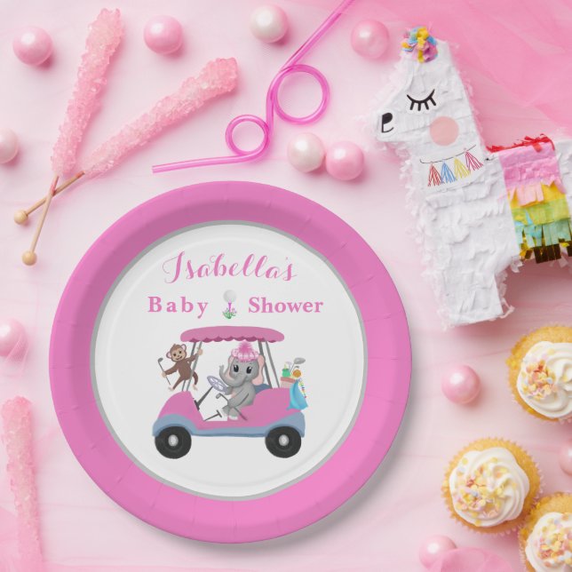 Baby Girl Golfing Elephant & Monkey Shower  Paper Plates (Party)