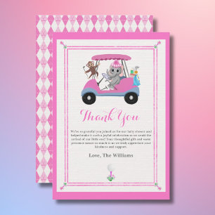 Baby Girl Golfing Elephant & Monkey Shower Thank You Card