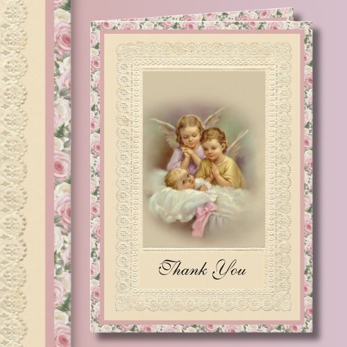 Baby Girl Guardian Angels Baptismal Thank You Card