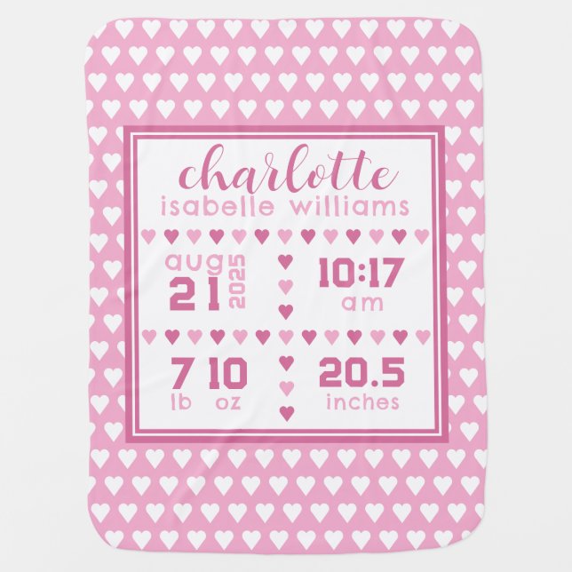 Baby Girl Heart Birth Announcement Baby Blanket (Front)